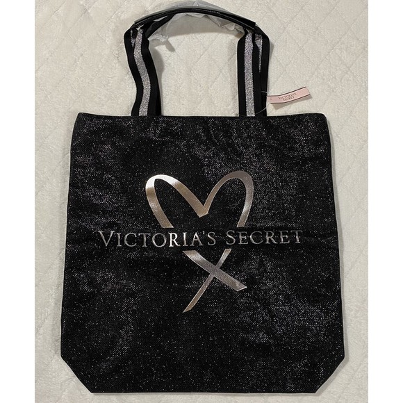 Victoria’s Secret Sparkling Black Canvas Tote Bag Silver Logo Shimmer Straps NWT - Picture 2 of 8